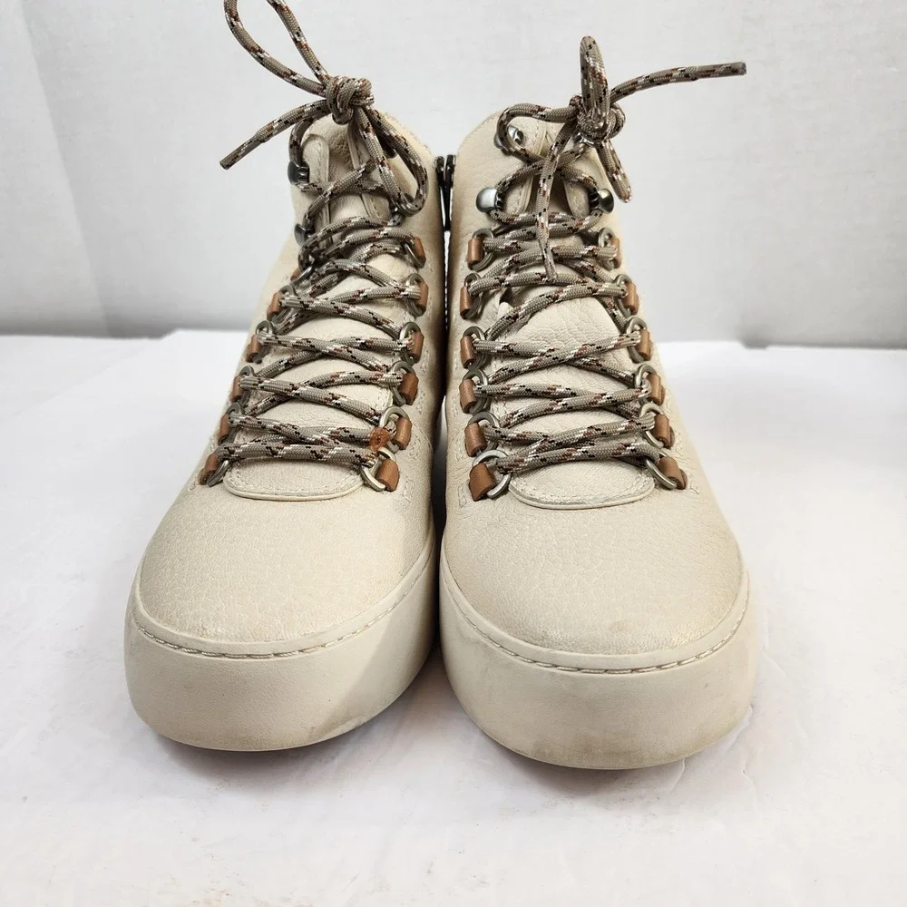 Frye Lena‎ Hiker High Top Boots Women's 8M Beige Leather Lace Up Zip Sneakers